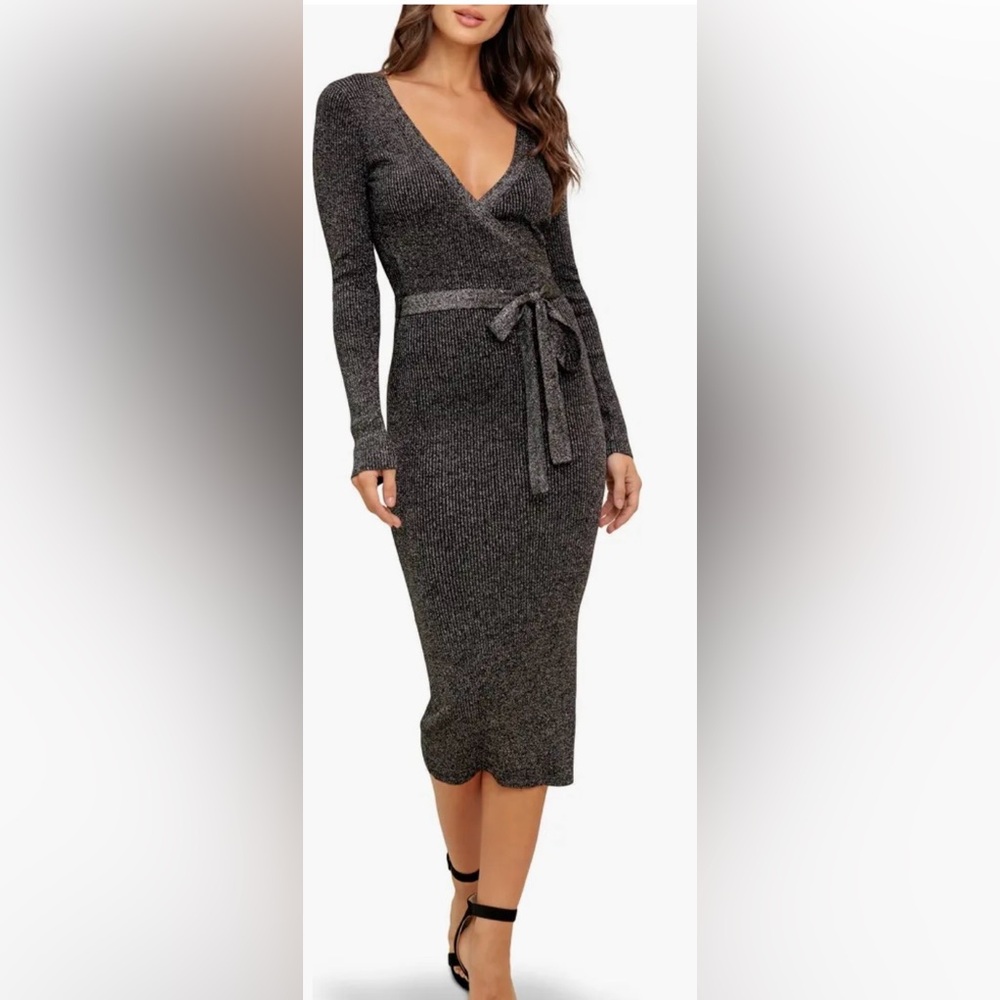 Flying Tomato Long Sleeve Metallic Rib Midi Dress